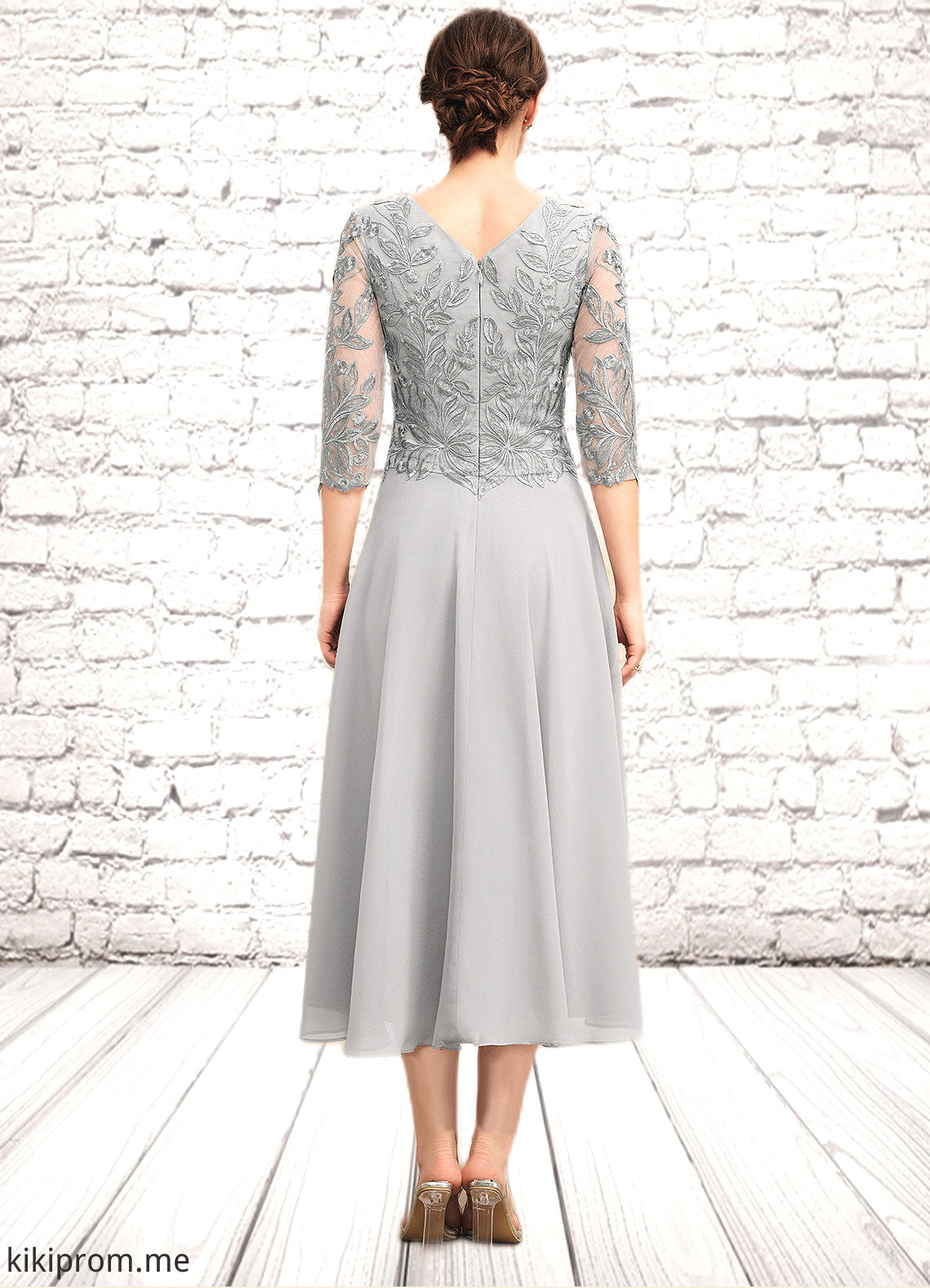 Rosalind A-Line Scoop Neck Tea-Length Chiffon Lace Mother of the Bride Dress With Sequins STF126P0014580