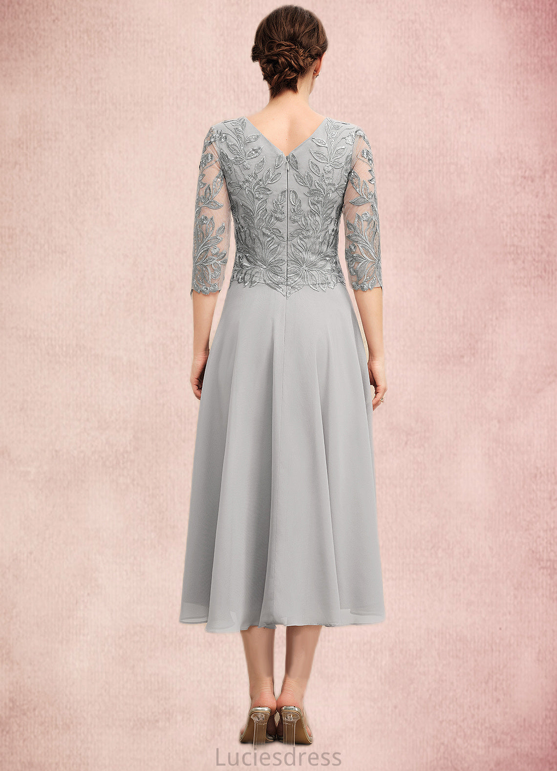 Tara A-Line Scoop Neck Tea-Length Chiffon Lace Mother of the Bride Dress With Sequins HF126P0014580