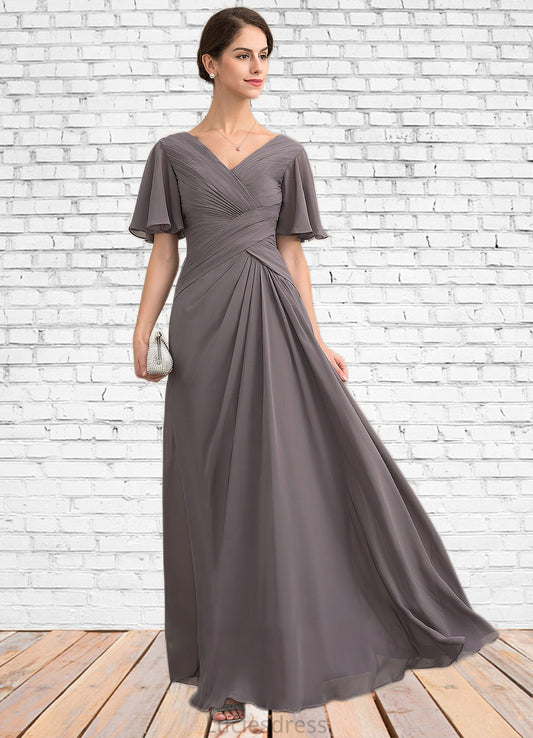 Janiah A-Line V-neck Floor-Length Chiffon Mother of the Bride Dress With Ruffle HF126P0014581