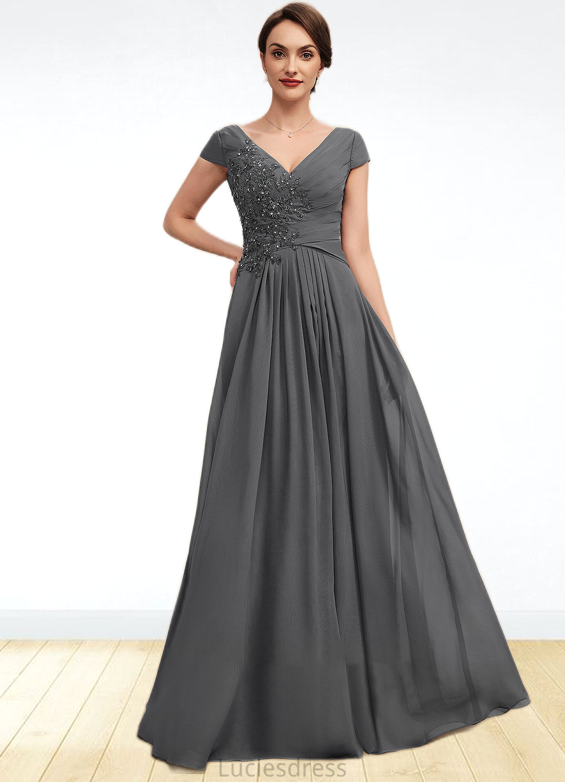 Marissa A-Line V-neck Floor-Length Chiffon Mother of the Bride Dress With Ruffle Lace Beading Sequins HF126P0014582