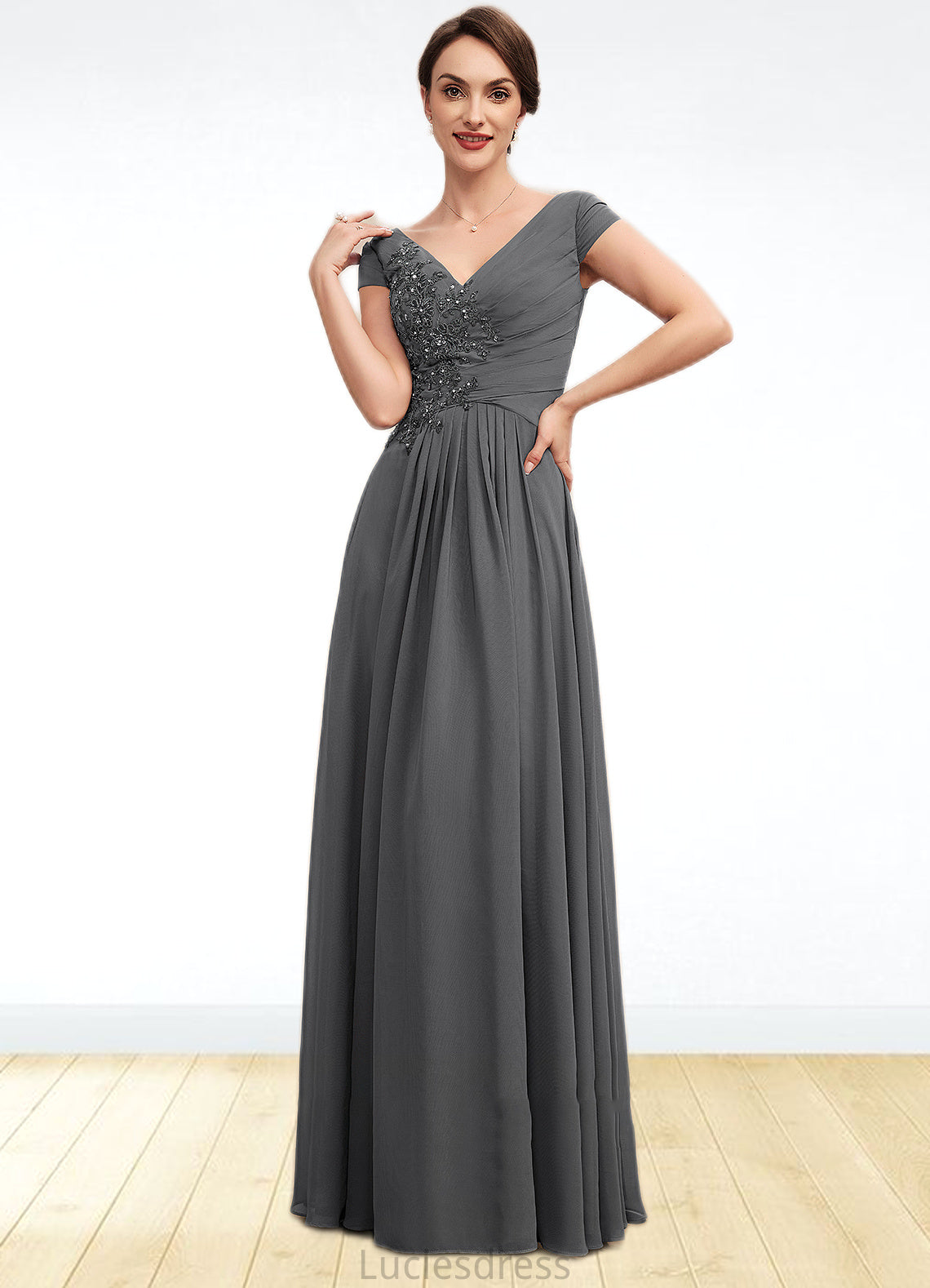 Marissa A-Line V-neck Floor-Length Chiffon Mother of the Bride Dress With Ruffle Lace Beading Sequins HF126P0014582