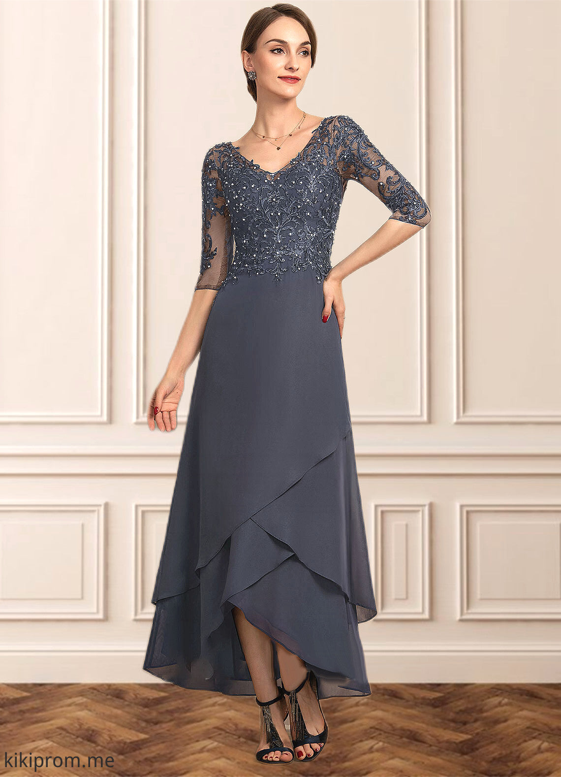 Bailee A-line V-Neck Asymmetrical Chiffon Lace Mother of the Bride Dress With Beading Sequins STF126P0014584