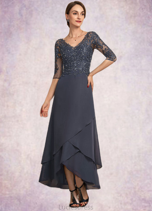 Kennedy A-line V-Neck Asymmetrical Chiffon Lace Mother of the Bride Dress With Beading Sequins HF126P0014584