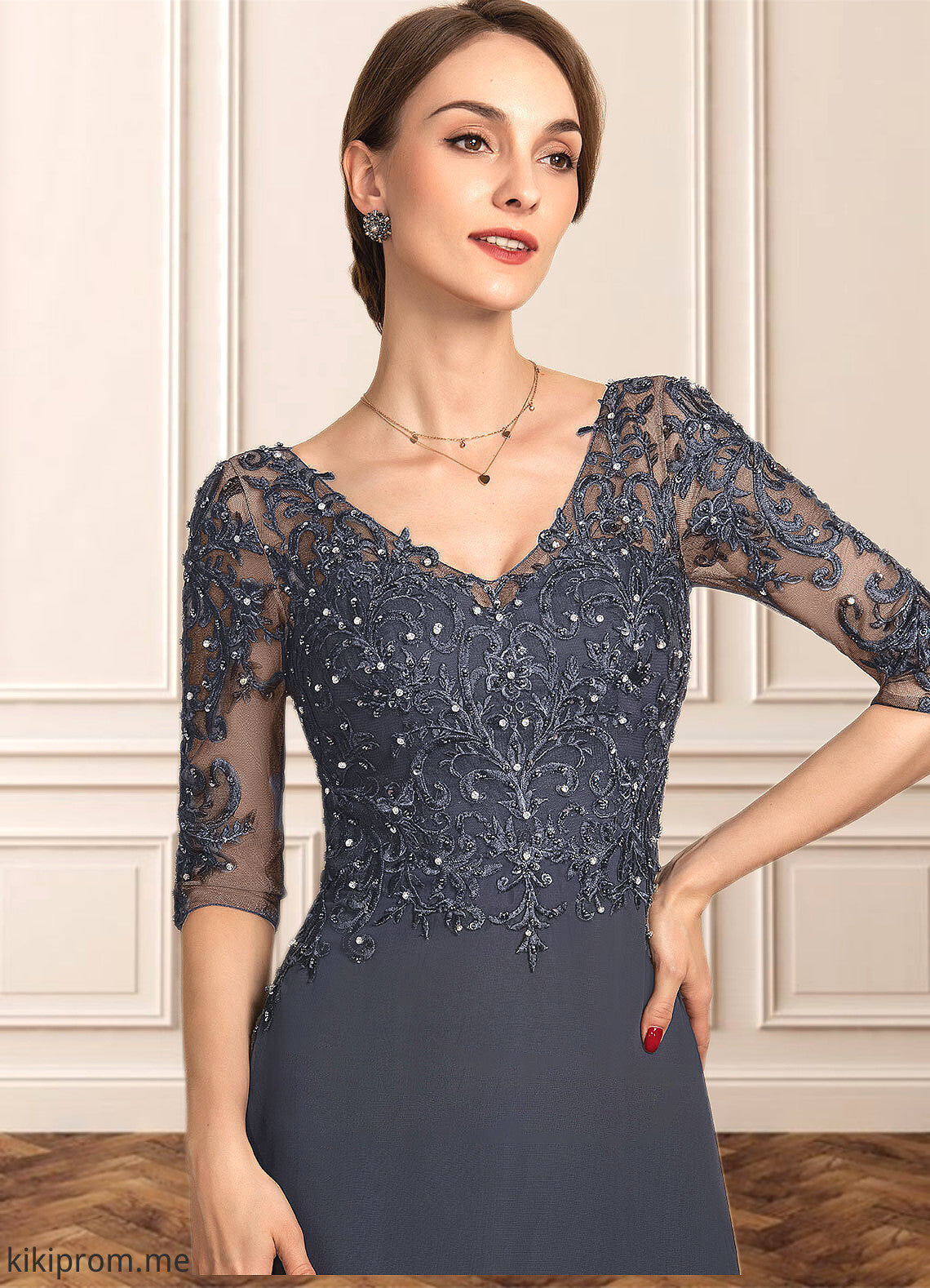 Bailee A-line V-Neck Asymmetrical Chiffon Lace Mother of the Bride Dress With Beading Sequins STF126P0014584