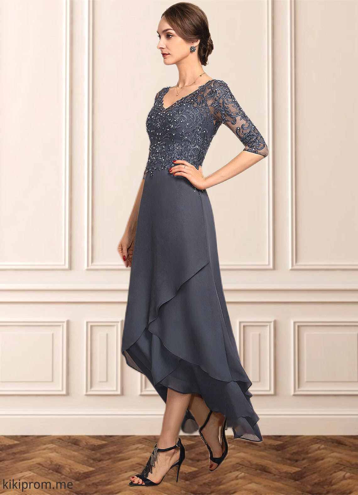 Bailee A-line V-Neck Asymmetrical Chiffon Lace Mother of the Bride Dress With Beading Sequins STF126P0014584