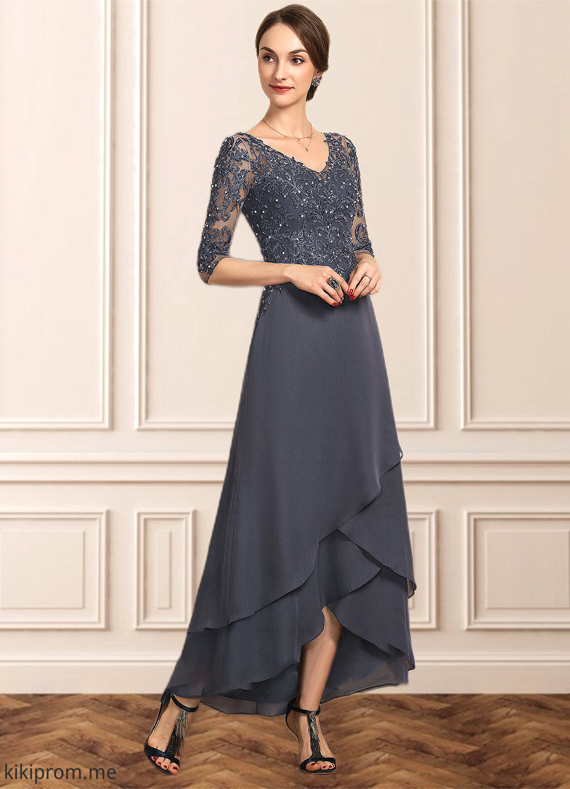 Bailee A-line V-Neck Asymmetrical Chiffon Lace Mother of the Bride Dress With Beading Sequins STF126P0014584