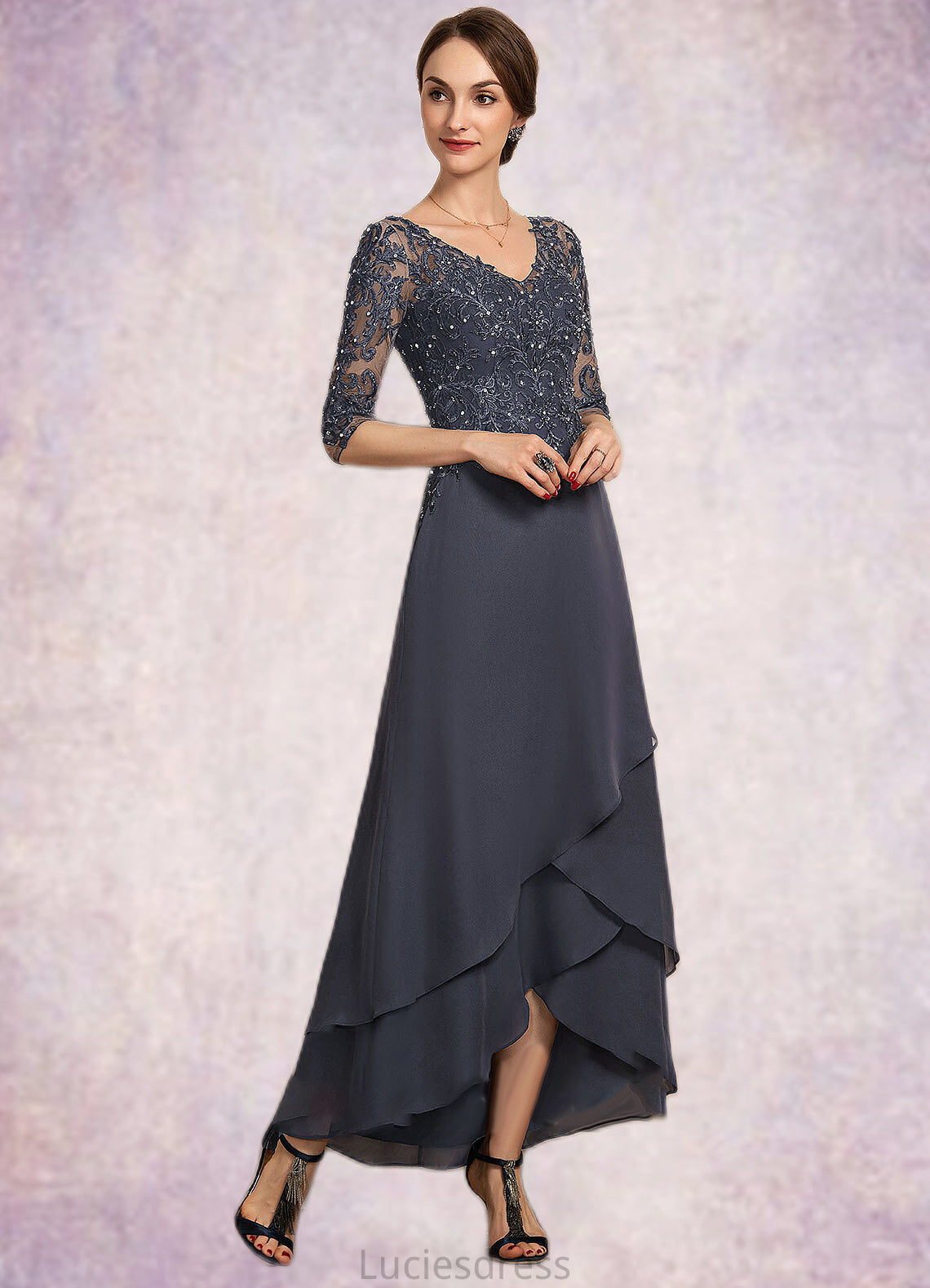 Kennedy A-line V-Neck Asymmetrical Chiffon Lace Mother of the Bride Dress With Beading Sequins HF126P0014584