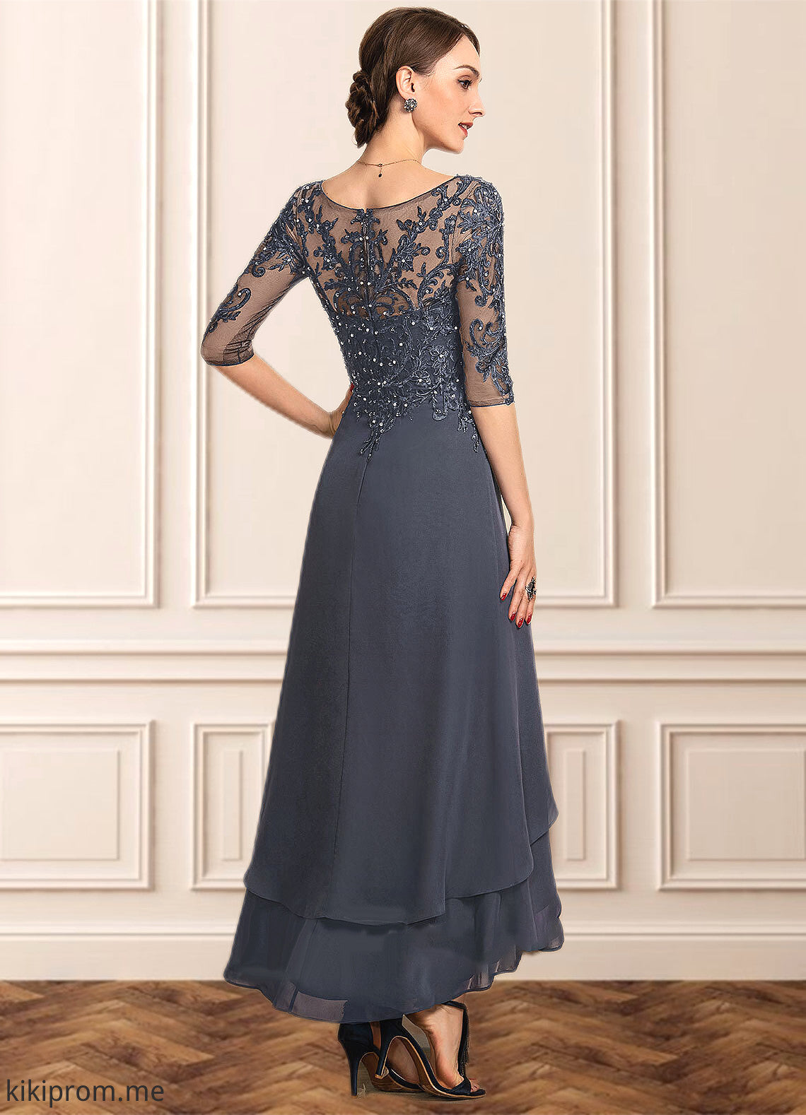 Bailee A-line V-Neck Asymmetrical Chiffon Lace Mother of the Bride Dress With Beading Sequins STF126P0014584