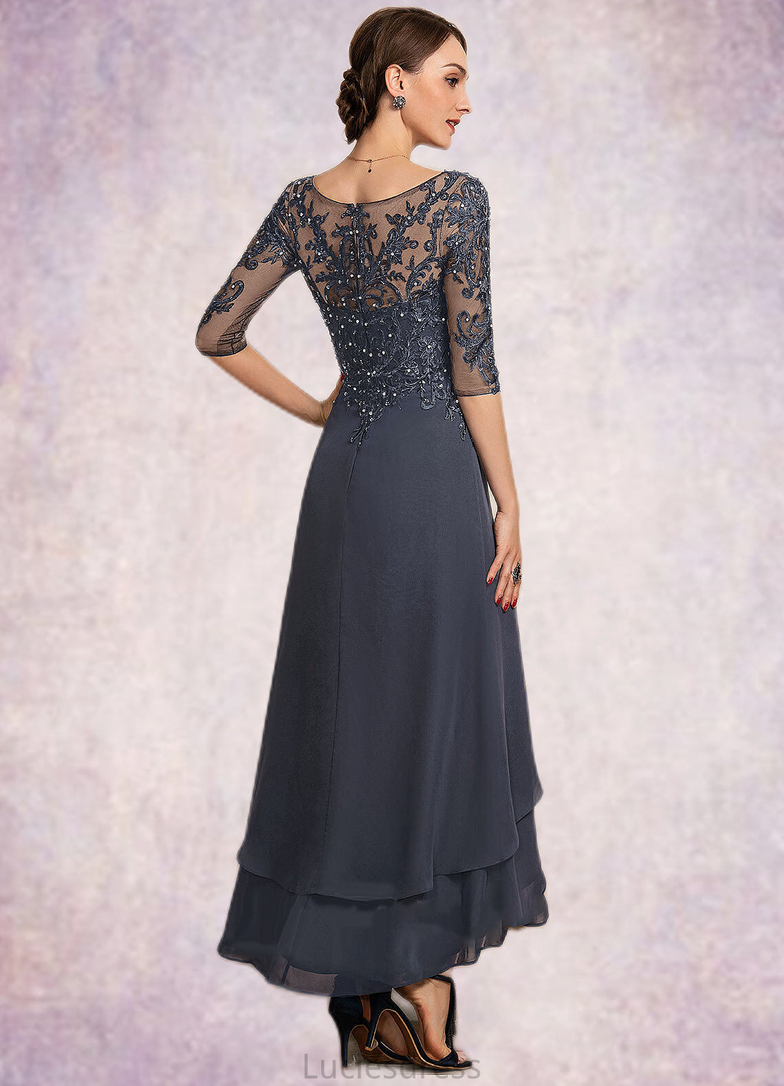 Kennedy A-line V-Neck Asymmetrical Chiffon Lace Mother of the Bride Dress With Beading Sequins HF126P0014584