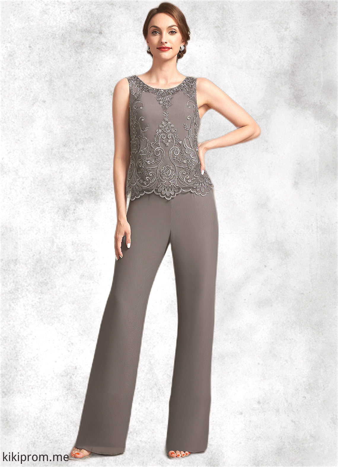 Elianna Jumpsuit/Pantsuit Scoop Neck Floor-Length Chiffon Lace Mother of the Bride Dress With Beading Sequins STF126P0014585