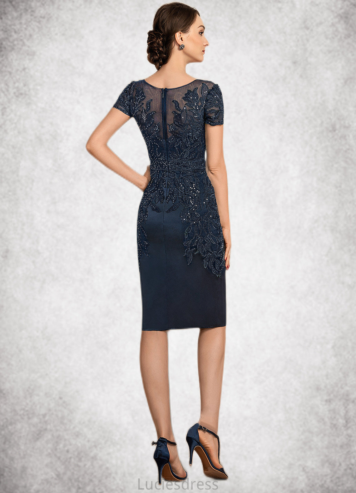 Lynn Sheath/Column Scoop Neck Knee-Length Satin Lace Mother of the Bride Dress With Sequins HF126P0014586