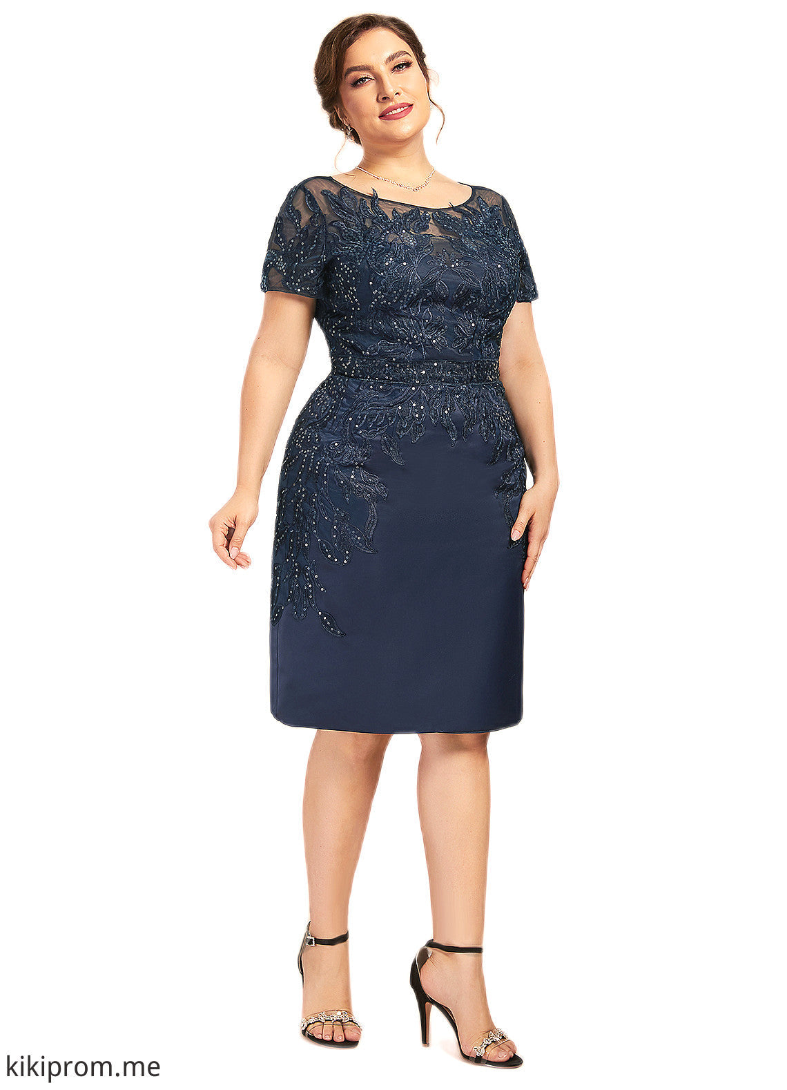 Brooklyn Sheath/Column Scoop Neck Knee-Length Satin Lace Mother of the Bride Dress With Sequins STF126P0014586