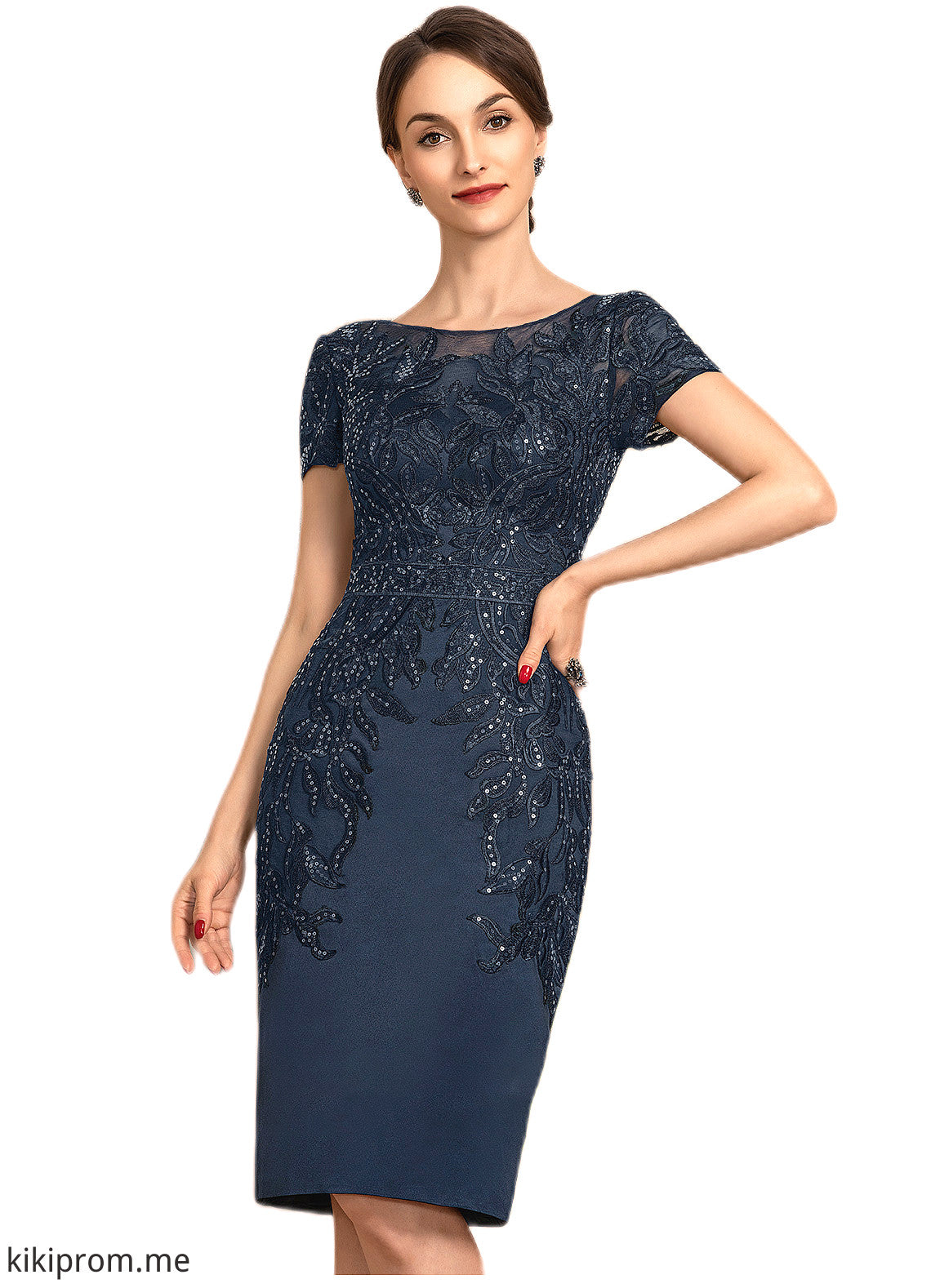 Brooklyn Sheath/Column Scoop Neck Knee-Length Satin Lace Mother of the Bride Dress With Sequins STF126P0014586