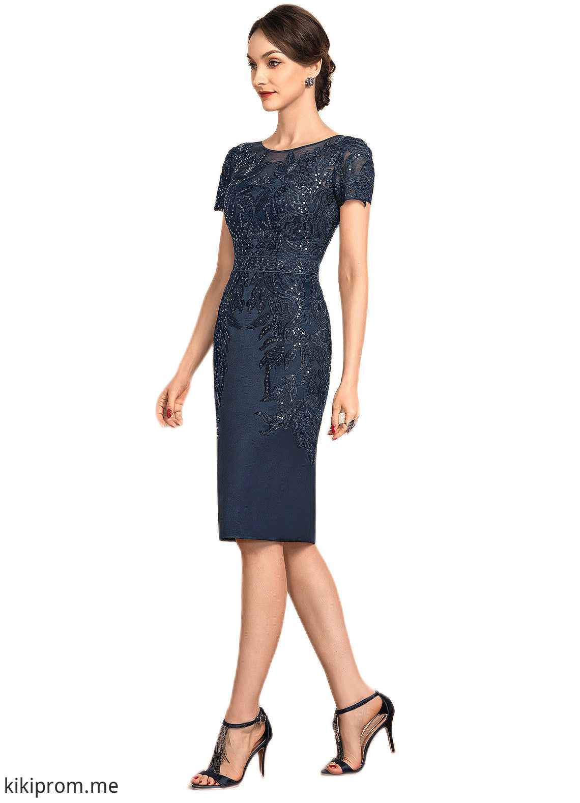 Brooklyn Sheath/Column Scoop Neck Knee-Length Satin Lace Mother of the Bride Dress With Sequins STF126P0014586