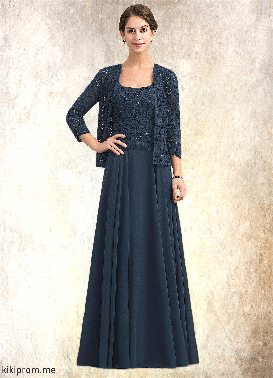 Noelle A-Line Square Neckline Floor-Length Chiffon Lace Mother of the Bride Dress With Sequins STF126P0014587