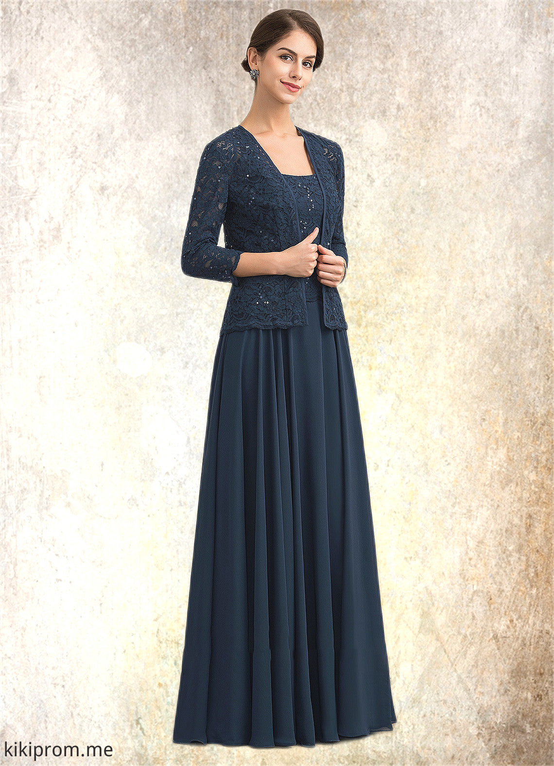 Noelle A-Line Square Neckline Floor-Length Chiffon Lace Mother of the Bride Dress With Sequins STF126P0014587