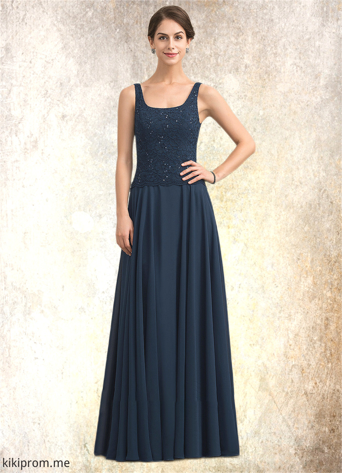 Noelle A-Line Square Neckline Floor-Length Chiffon Lace Mother of the Bride Dress With Sequins STF126P0014587