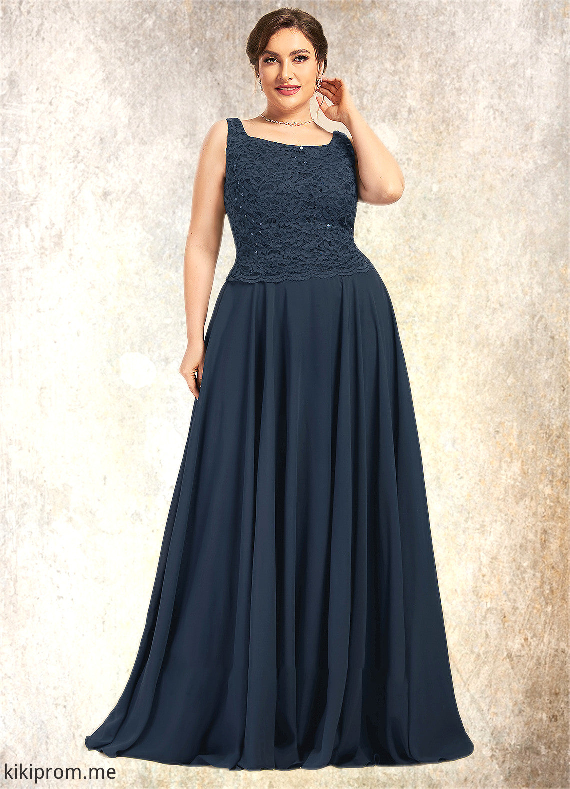 Noelle A-Line Square Neckline Floor-Length Chiffon Lace Mother of the Bride Dress With Sequins STF126P0014587