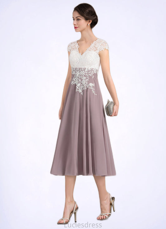 Leilani A-Line V-neck Tea-Length Chiffon Lace Mother of the Bride Dress HF126P0014588