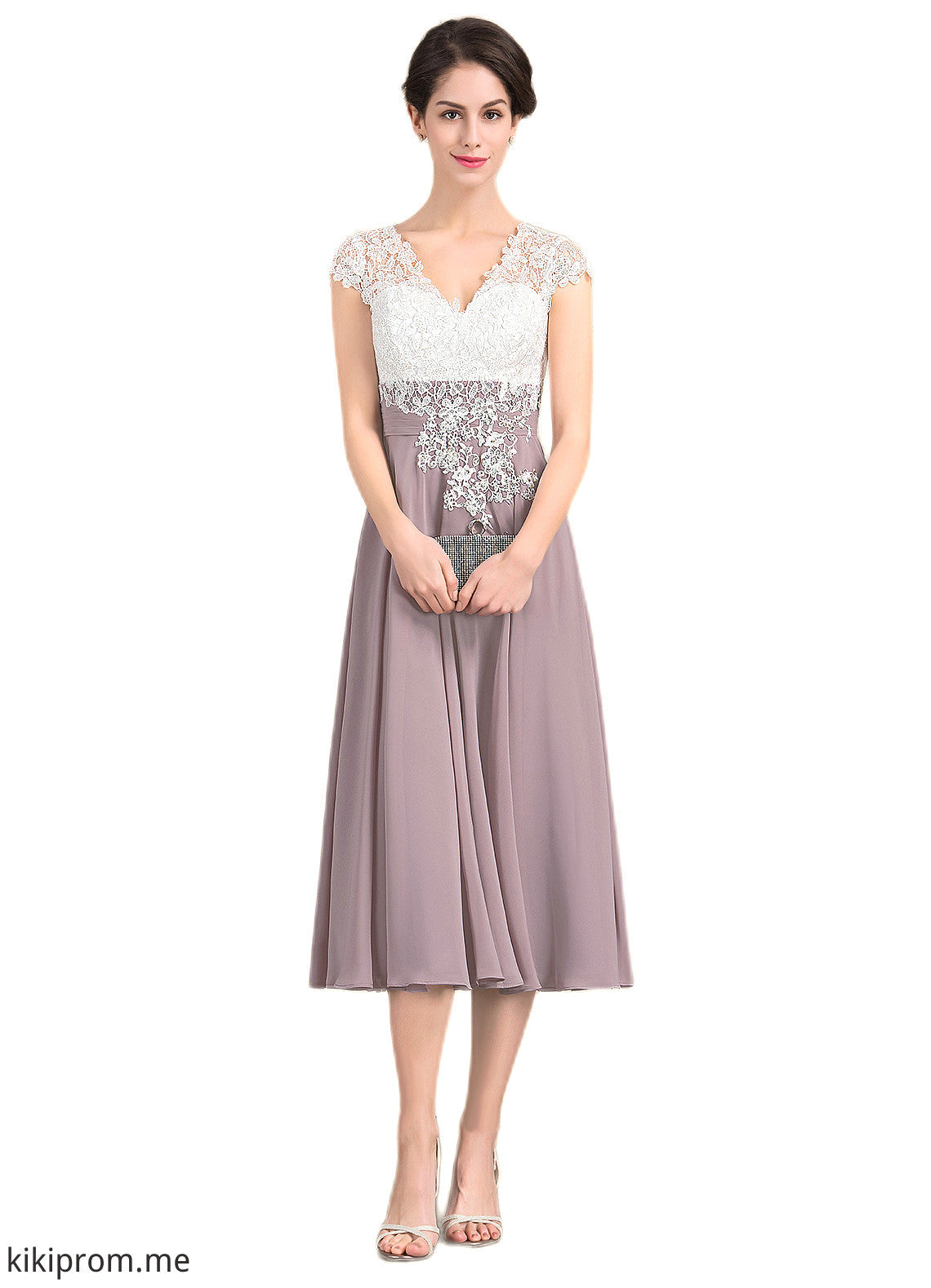 Mikaela A-Line V-neck Tea-Length Chiffon Lace Mother of the Bride Dress STF126P0014588