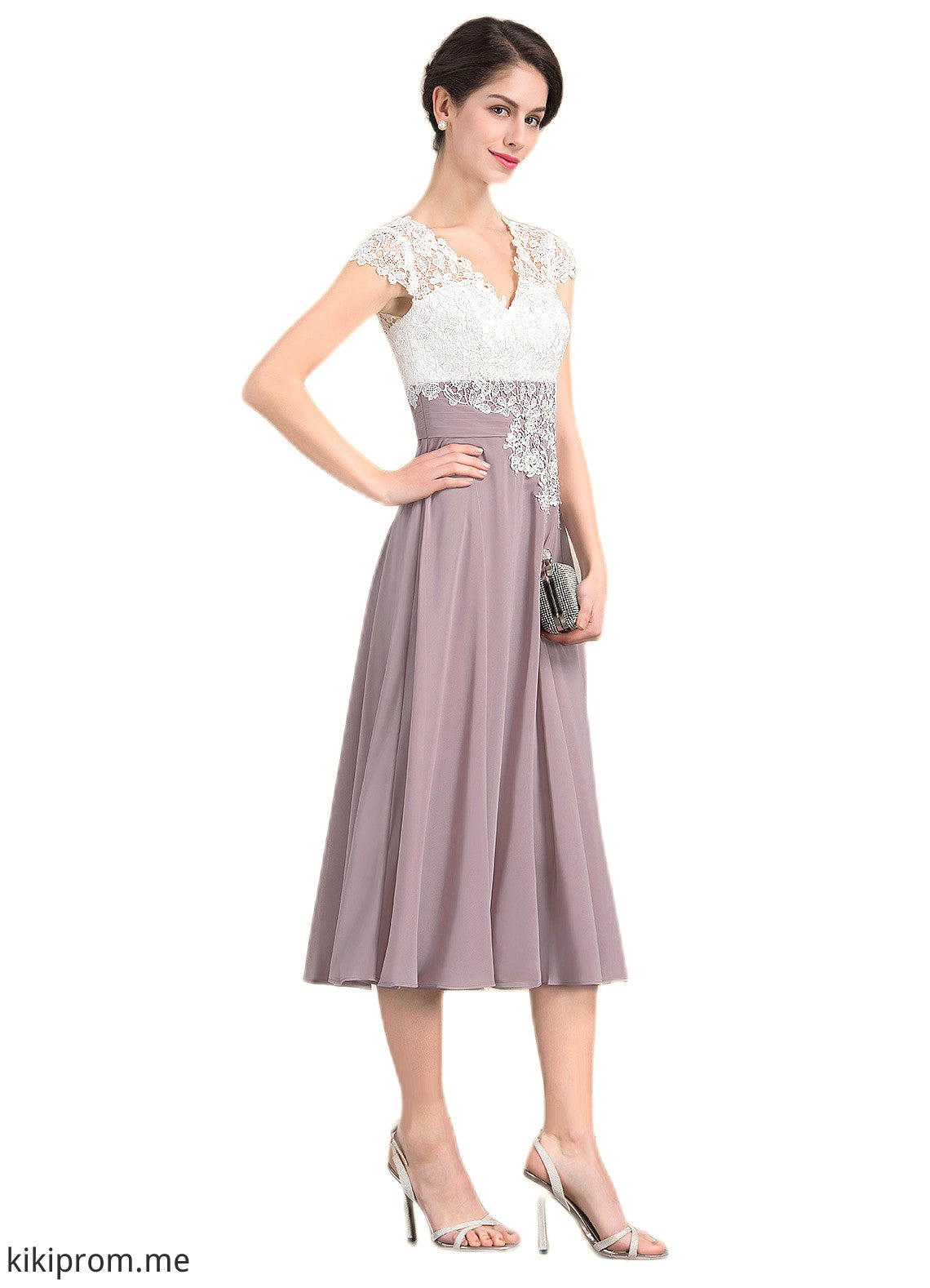 Mikaela A-Line V-neck Tea-Length Chiffon Lace Mother of the Bride Dress STF126P0014588