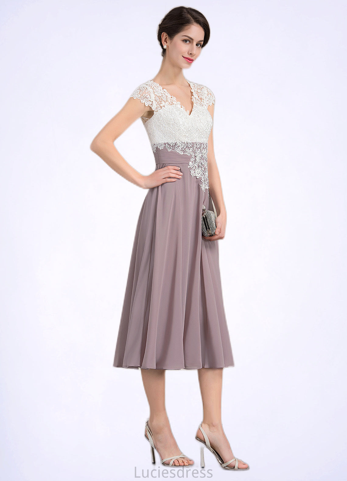 Leilani A-Line V-neck Tea-Length Chiffon Lace Mother of the Bride Dress HF126P0014588