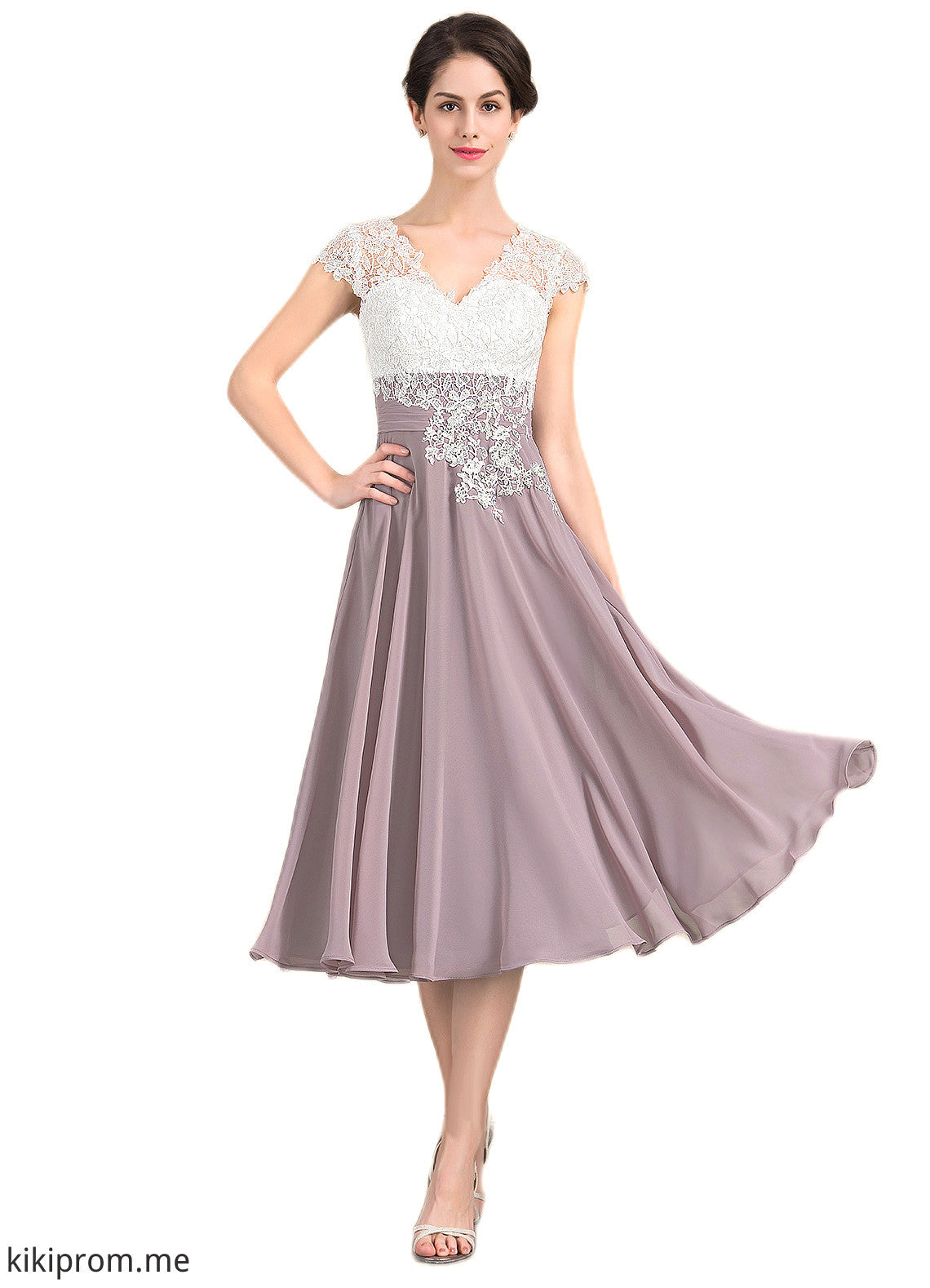 Mikaela A-Line V-neck Tea-Length Chiffon Lace Mother of the Bride Dress STF126P0014588