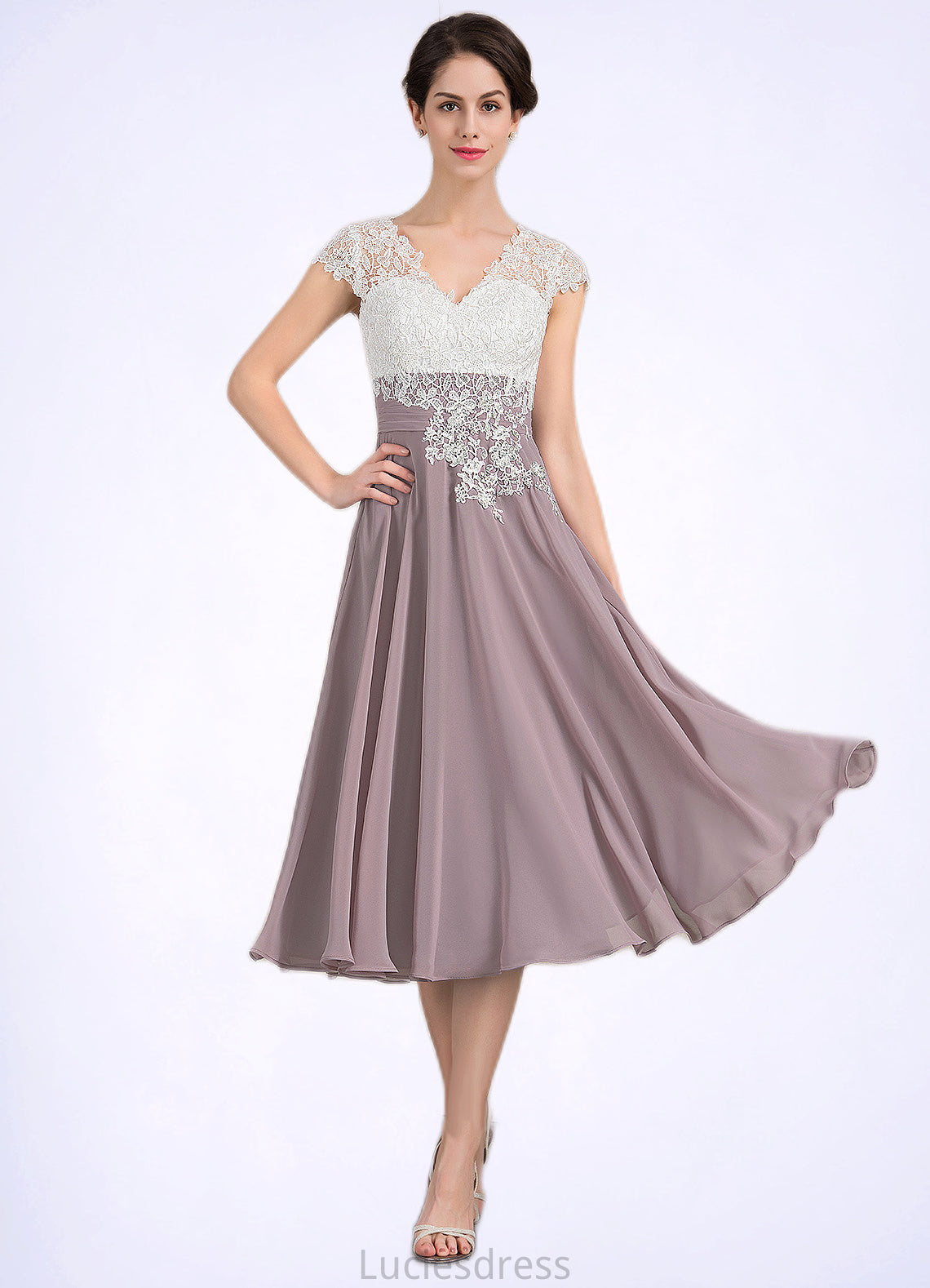 Leilani A-Line V-neck Tea-Length Chiffon Lace Mother of the Bride Dress HF126P0014588