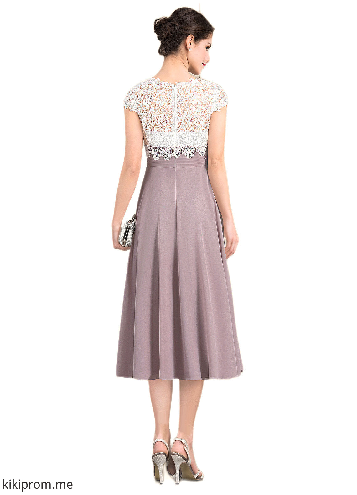 Mikaela A-Line V-neck Tea-Length Chiffon Lace Mother of the Bride Dress STF126P0014588