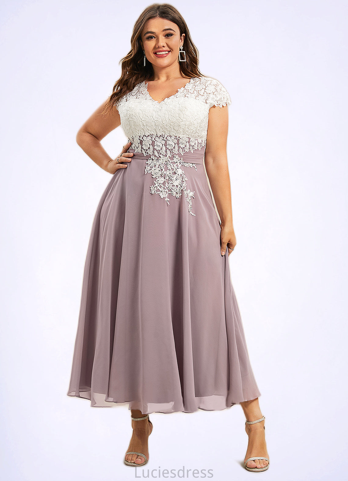 Leilani A-Line V-neck Tea-Length Chiffon Lace Mother of the Bride Dress HF126P0014588