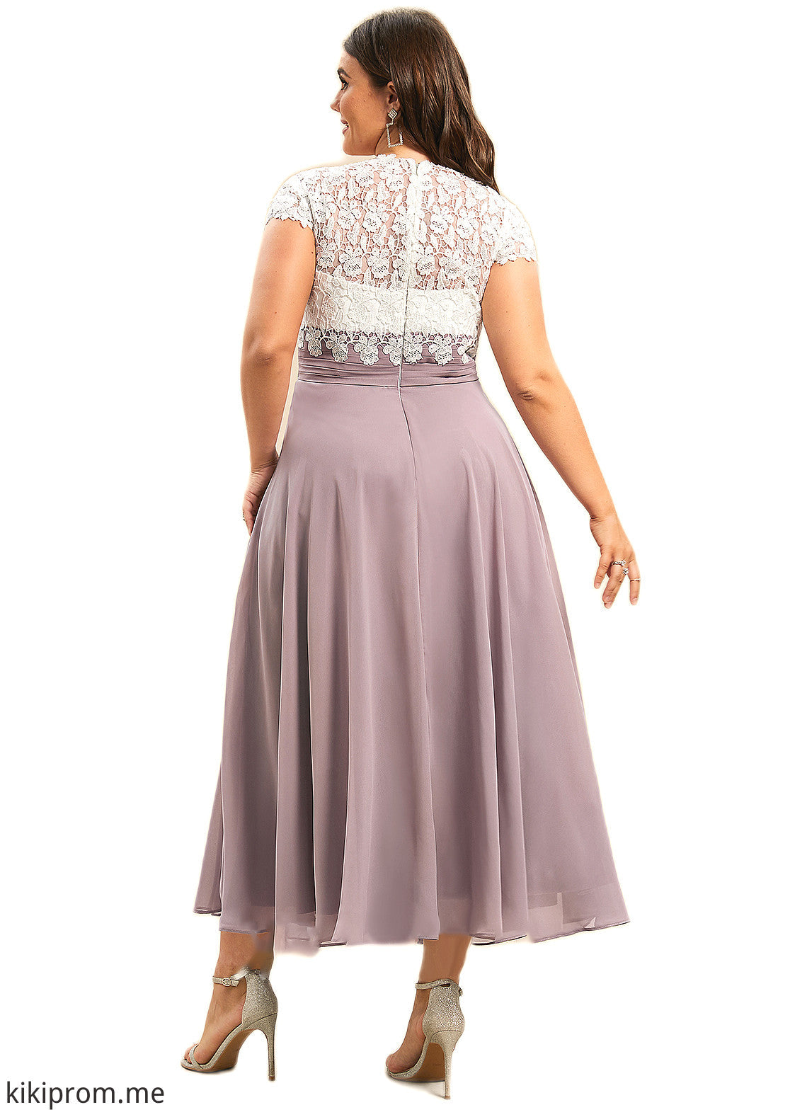 Mikaela A-Line V-neck Tea-Length Chiffon Lace Mother of the Bride Dress STF126P0014588