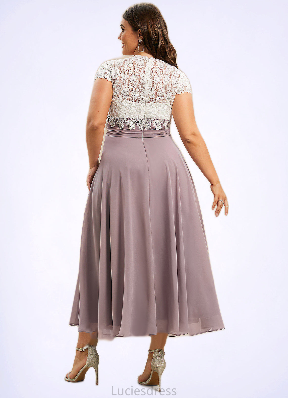 Leilani A-Line V-neck Tea-Length Chiffon Lace Mother of the Bride Dress HF126P0014588