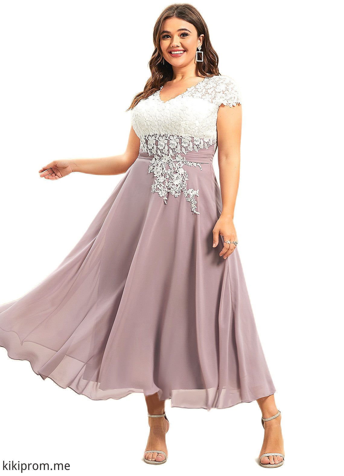 Mikaela A-Line V-neck Tea-Length Chiffon Lace Mother of the Bride Dress STF126P0014588