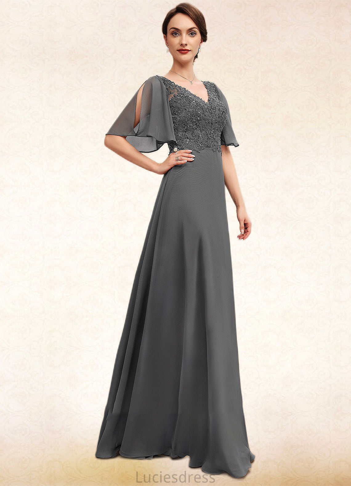 Lindsay A-line V-Neck Floor-Length Chiffon Lace Mother of the Bride Dress With Beading Sequins HF126P0014589