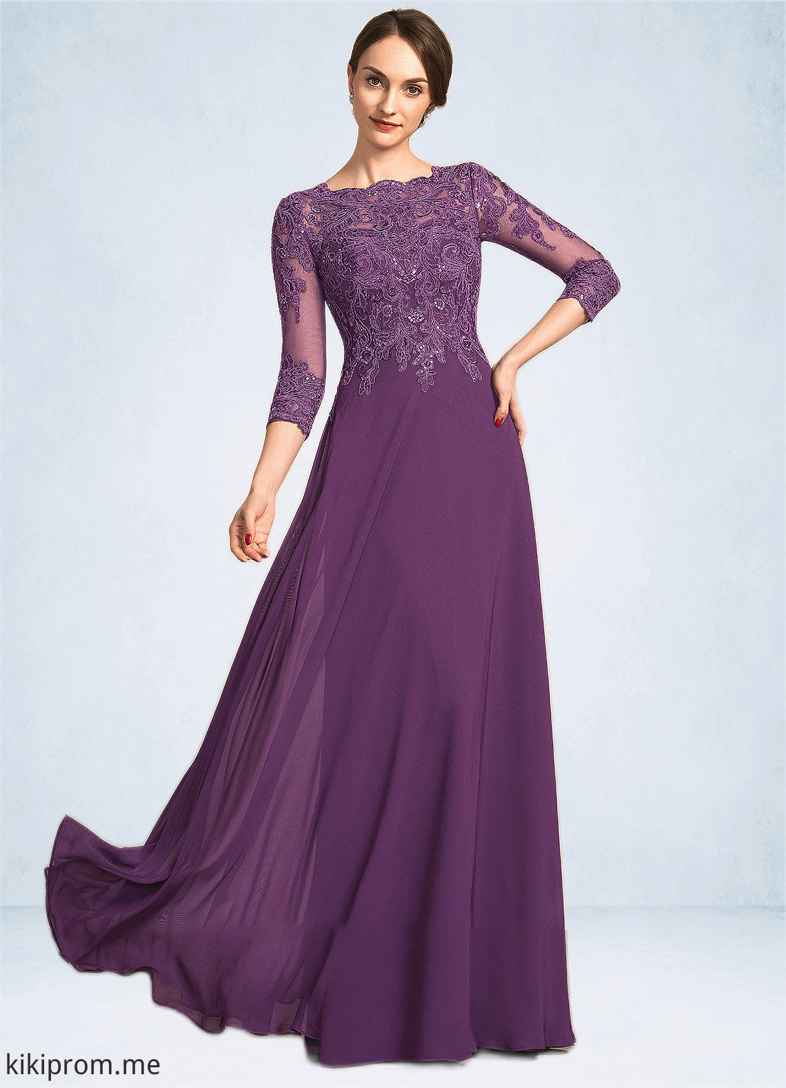 Delilah A-Line Scoop Neck Floor-Length Chiffon Lace Mother of the Bride Dress With Sequins STF126P0014590