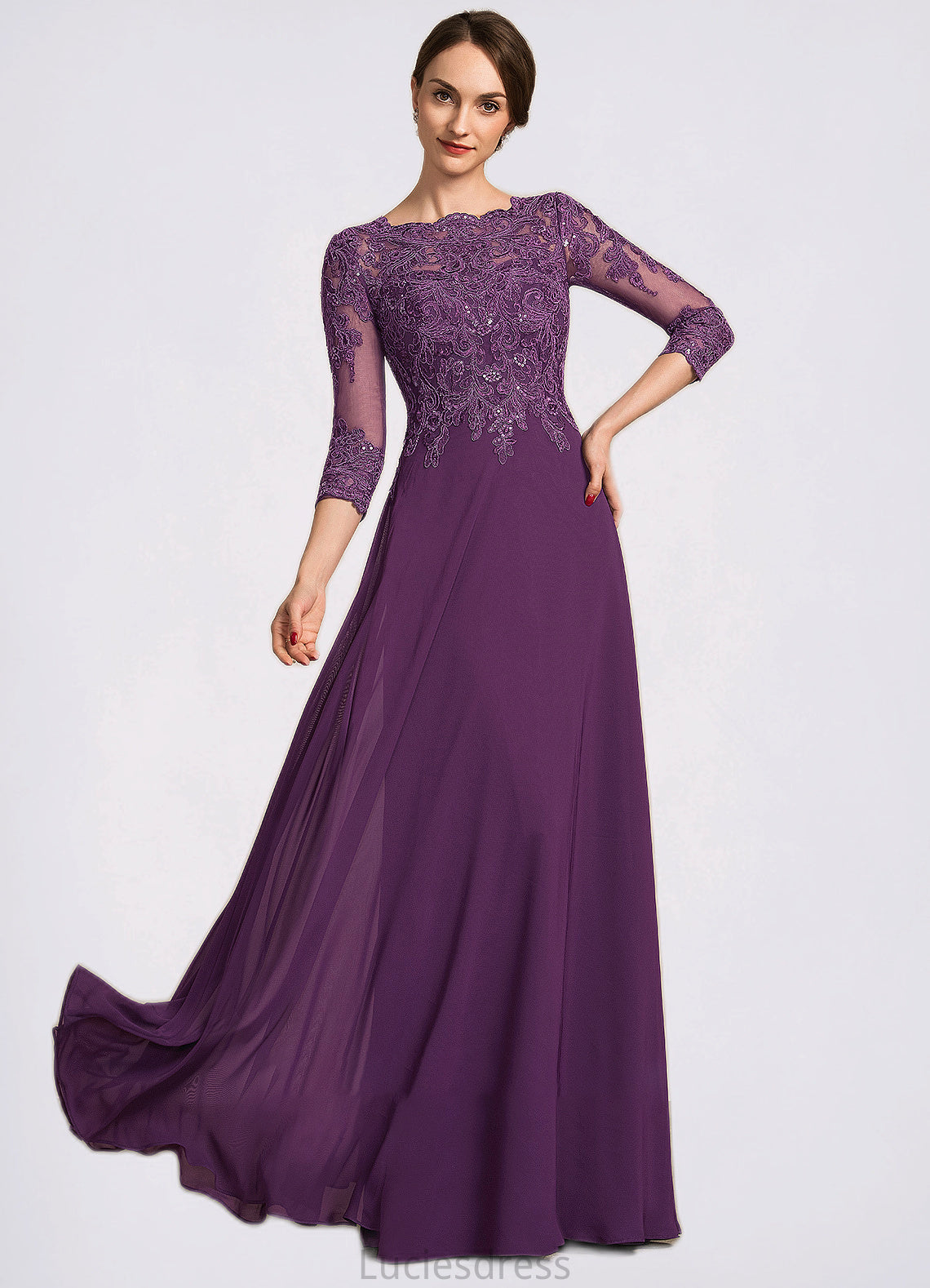 Gisselle A-Line Scoop Neck Floor-Length Chiffon Lace Mother of the Bride Dress With Sequins HF126P0014590