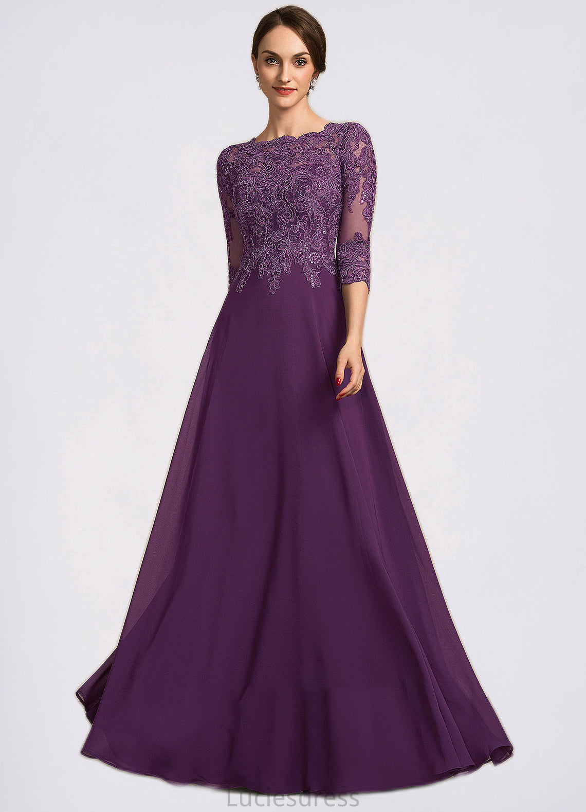 Gisselle A-Line Scoop Neck Floor-Length Chiffon Lace Mother of the Bride Dress With Sequins HF126P0014590