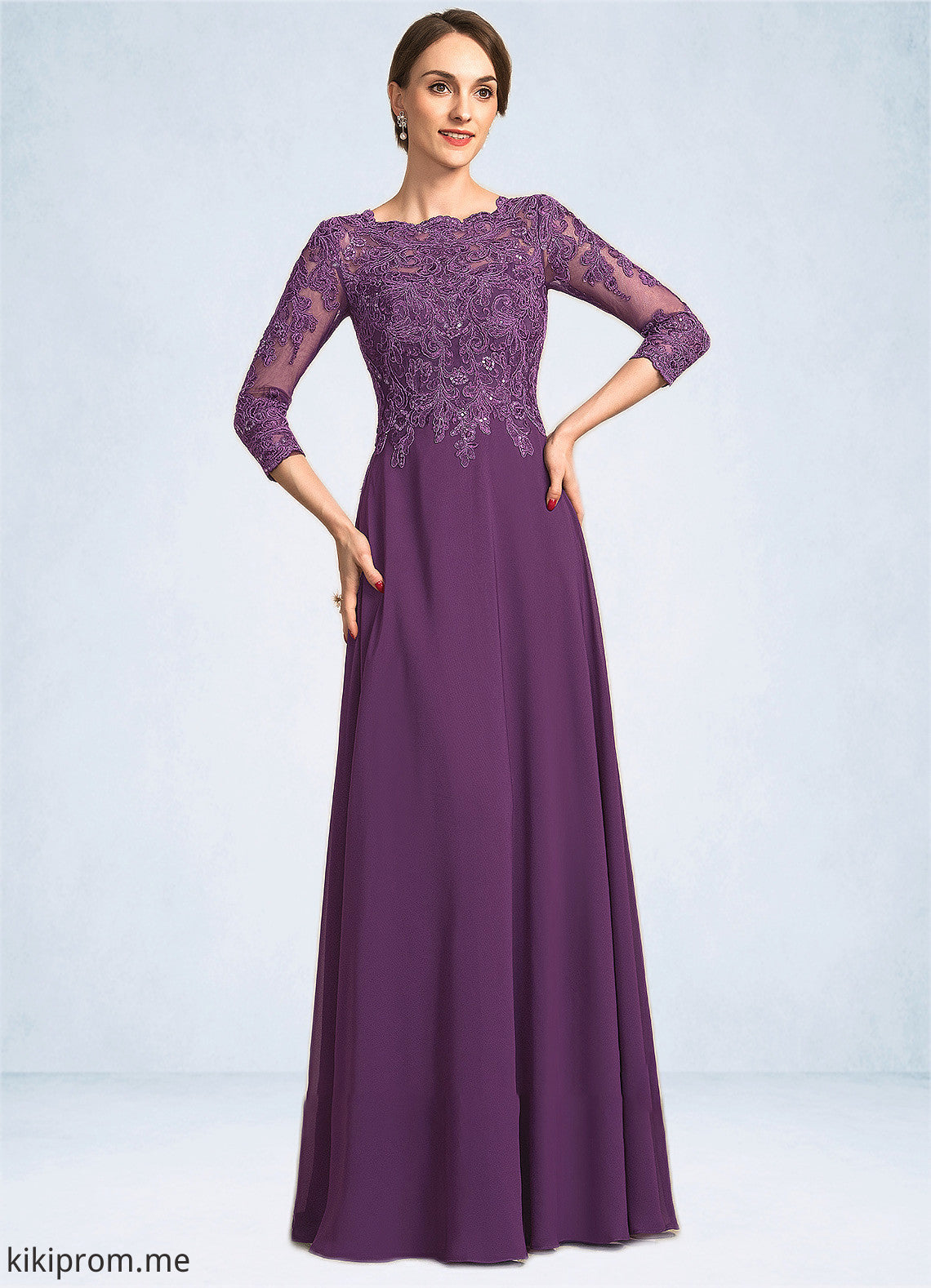 Delilah A-Line Scoop Neck Floor-Length Chiffon Lace Mother of the Bride Dress With Sequins STF126P0014590