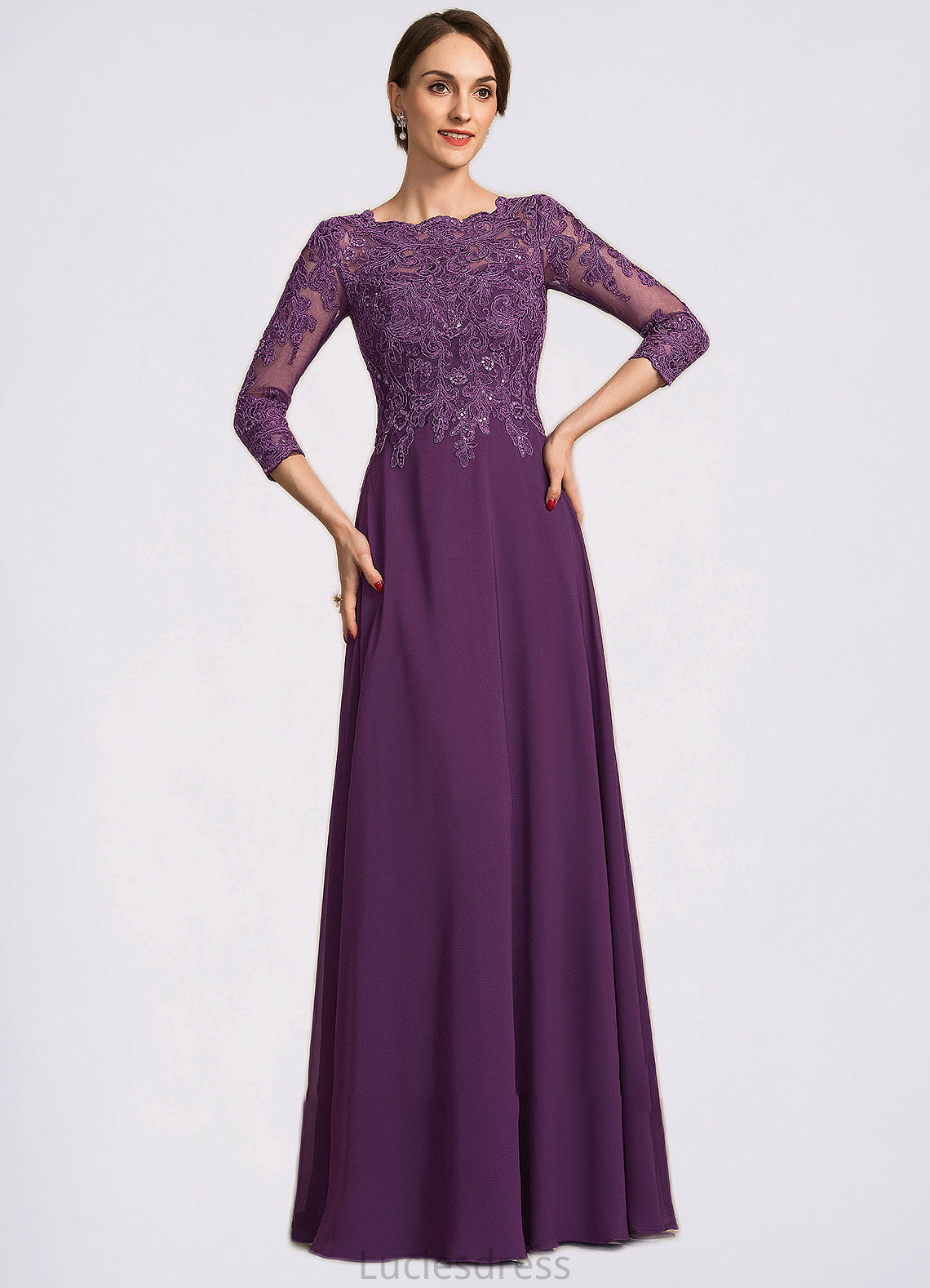 Gisselle A-Line Scoop Neck Floor-Length Chiffon Lace Mother of the Bride Dress With Sequins HF126P0014590