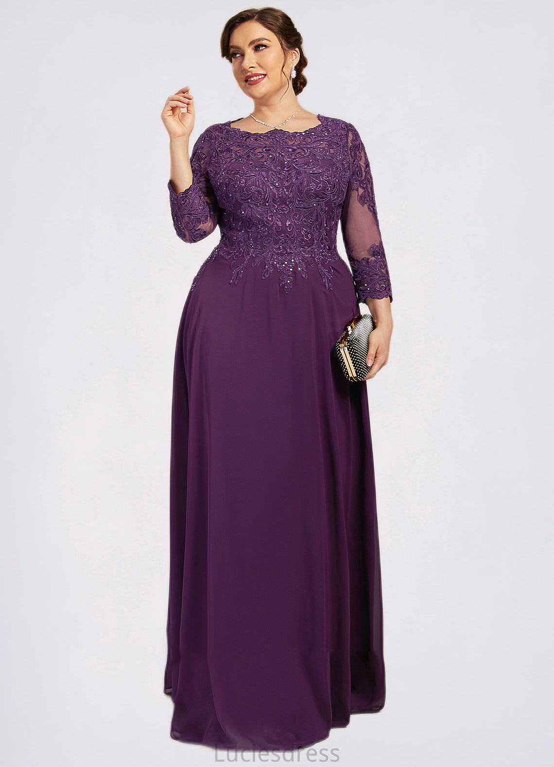 Gisselle A-Line Scoop Neck Floor-Length Chiffon Lace Mother of the Bride Dress With Sequins HF126P0014590