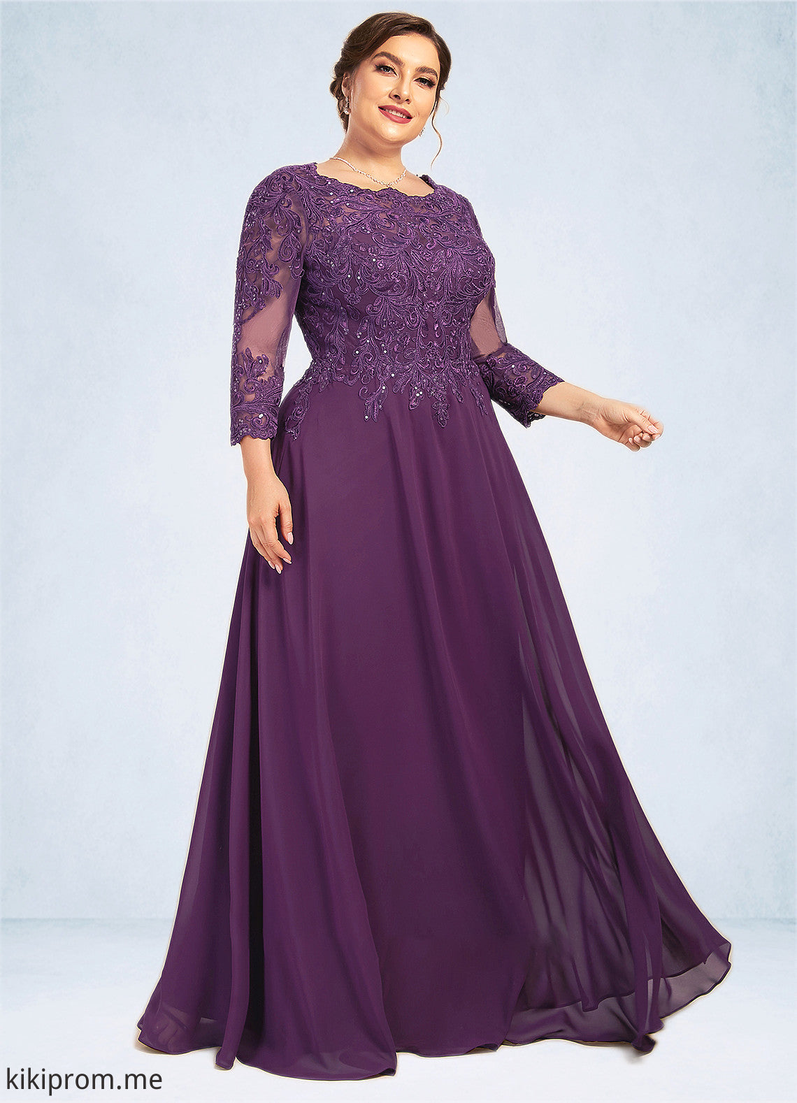 Delilah A-Line Scoop Neck Floor-Length Chiffon Lace Mother of the Bride Dress With Sequins STF126P0014590