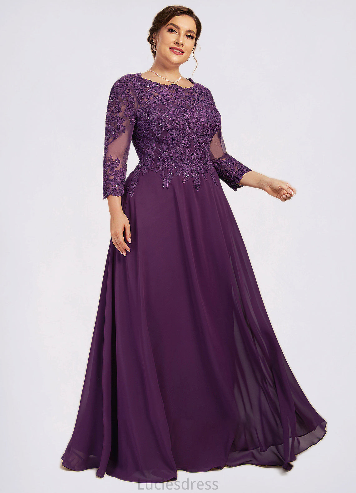 Gisselle A-Line Scoop Neck Floor-Length Chiffon Lace Mother of the Bride Dress With Sequins HF126P0014590