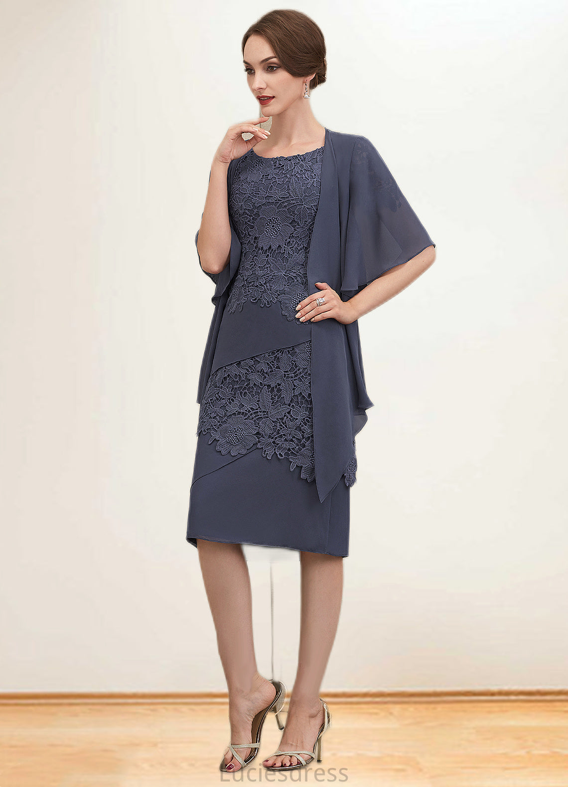 Sydney Sheath/Column Scoop Neck Knee-Length Chiffon Lace Mother of the Bride Dress HF126P0014591