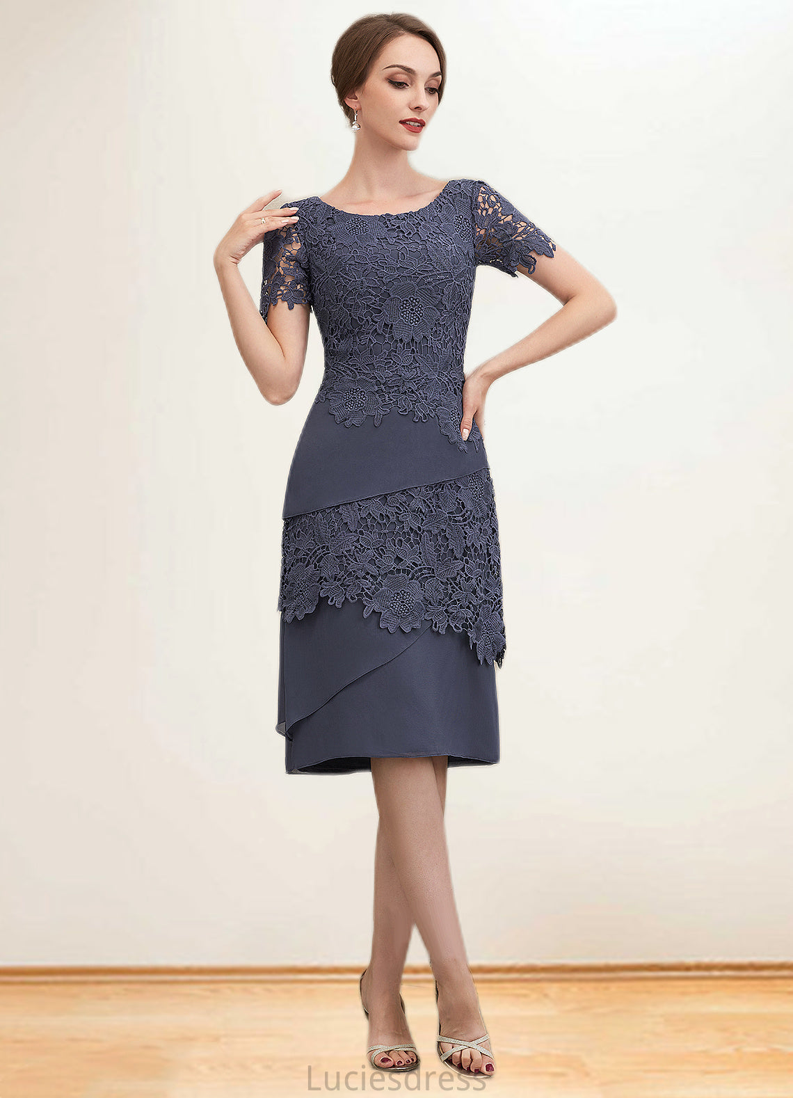 Sydney Sheath/Column Scoop Neck Knee-Length Chiffon Lace Mother of the Bride Dress HF126P0014591