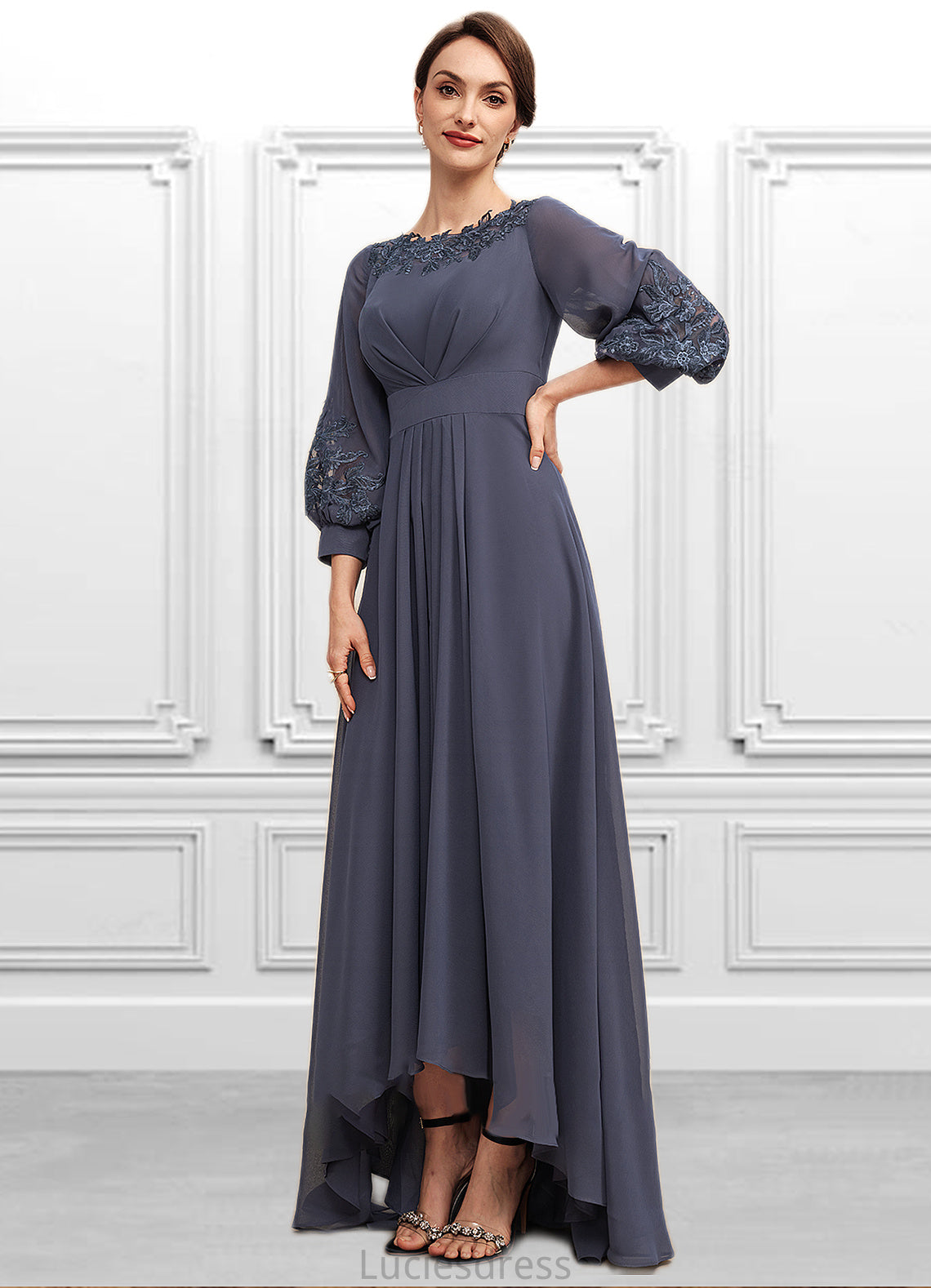 Ann A-Line Scoop Neck Asymmetrical Chiffon Mother of the Bride Dress With Ruffle Appliques Lace HF126P0014592