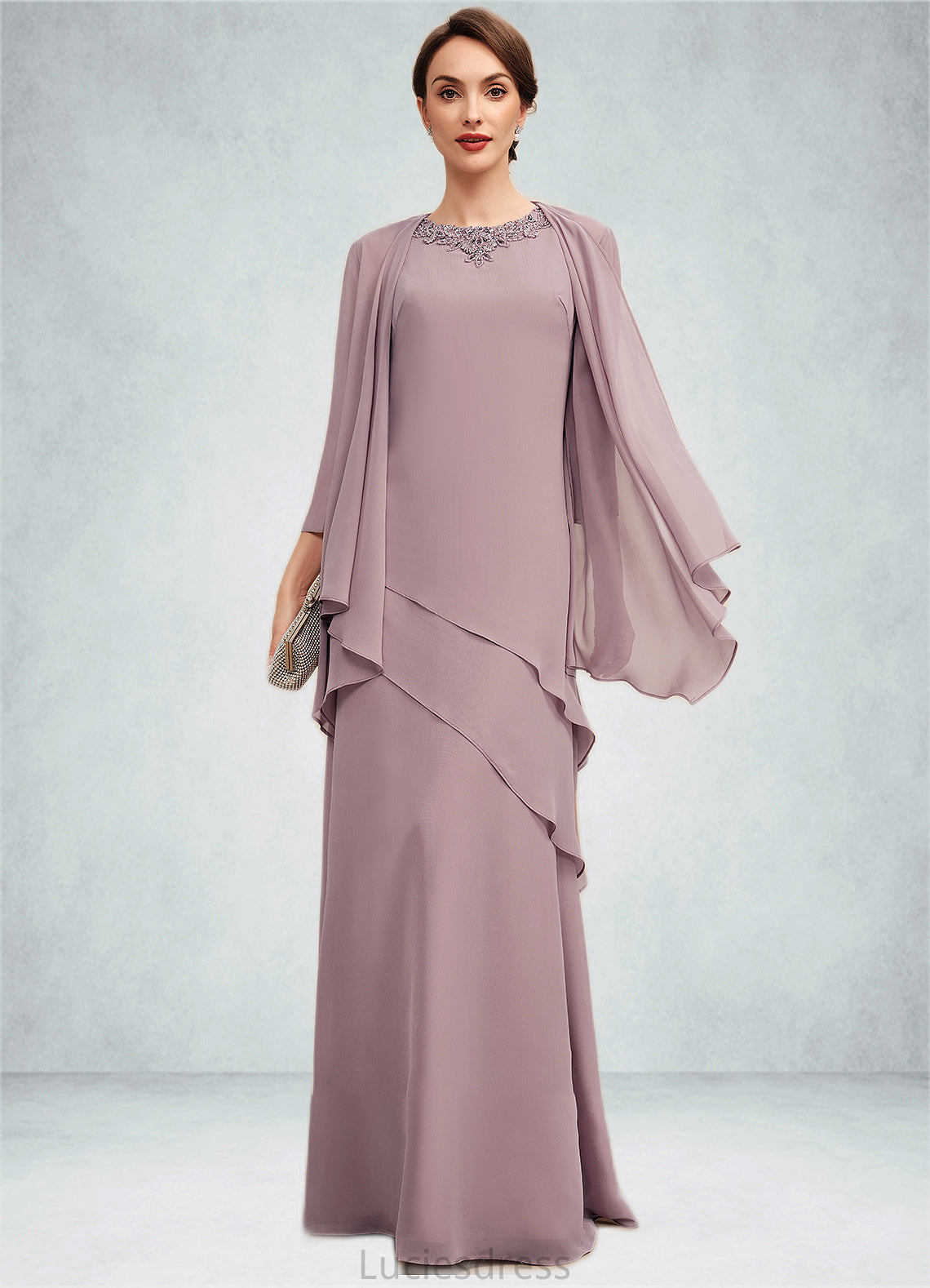 Lillian A-Line Scoop Neck Floor-Length Chiffon Mother of the Bride Dress With Beading HF126P0014593