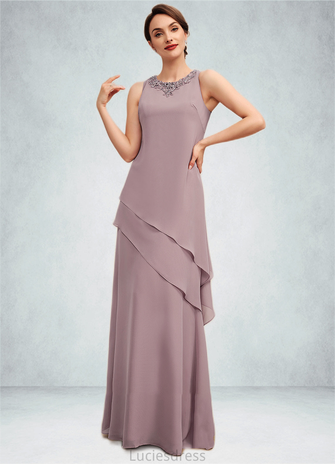 Lillian A-Line Scoop Neck Floor-Length Chiffon Mother of the Bride Dress With Beading HF126P0014593