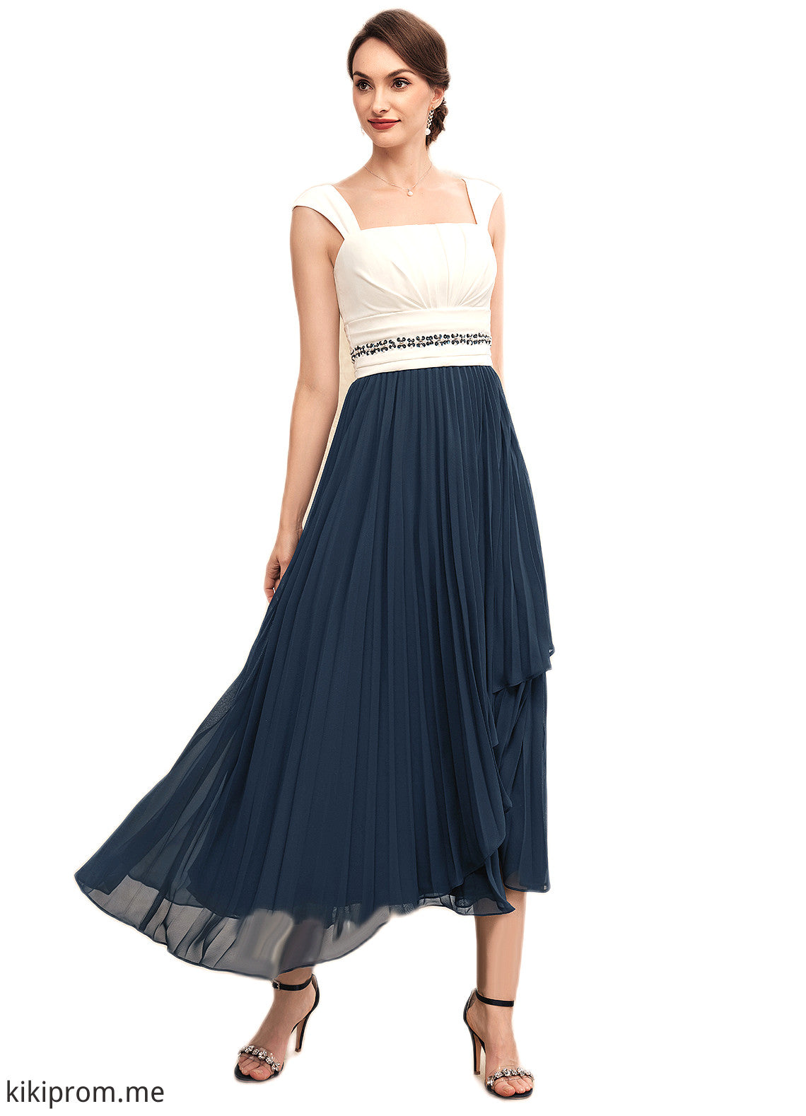 Millicent A-Line Square Neckline Tea-Length Chiffon Mother of the Bride Dress With Beading Sequins Pleated STF126P0014594