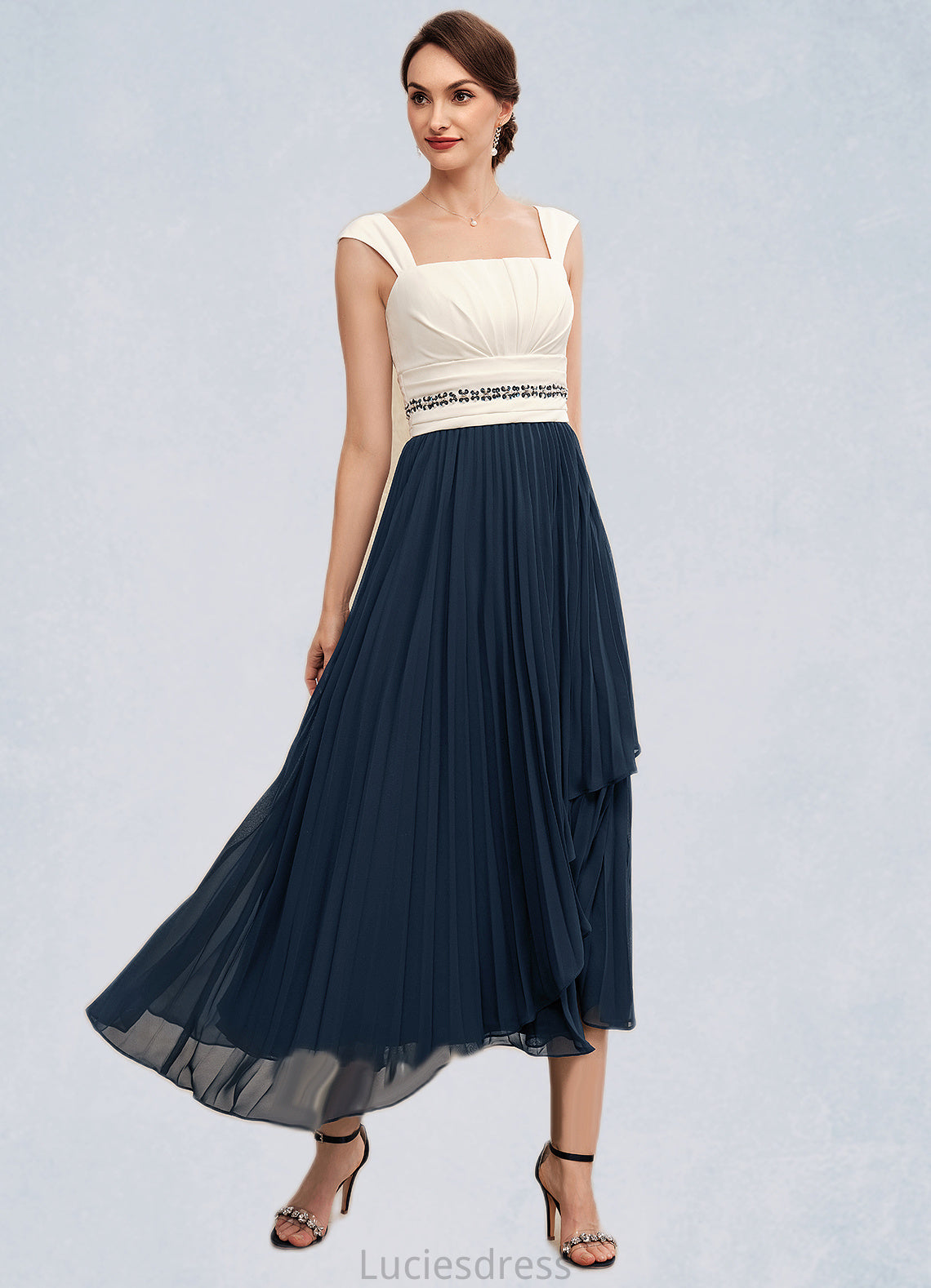 Alula A-Line Square Neckline Tea-Length Chiffon Mother of the Bride Dress With Beading Sequins Pleated HF126P0014594