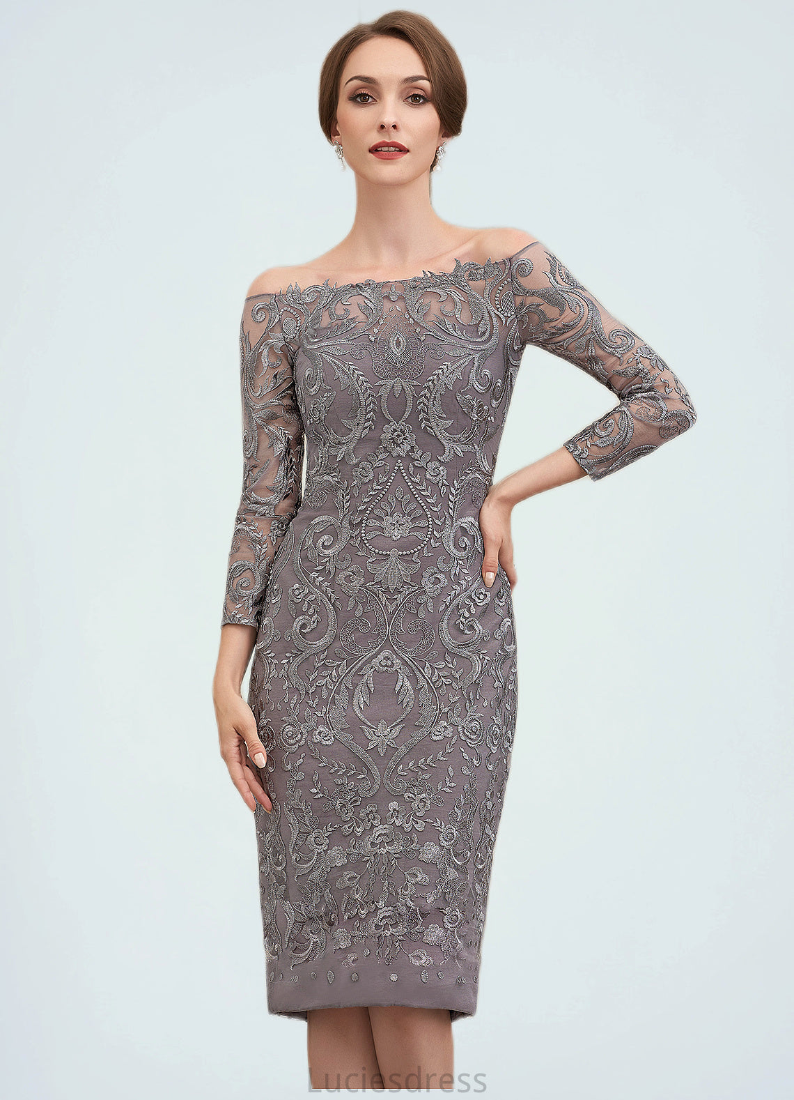 Fiona Sheath/Column Off-the-Shoulder Knee-Length Lace Mother of the Bride Dress HF126P0014595